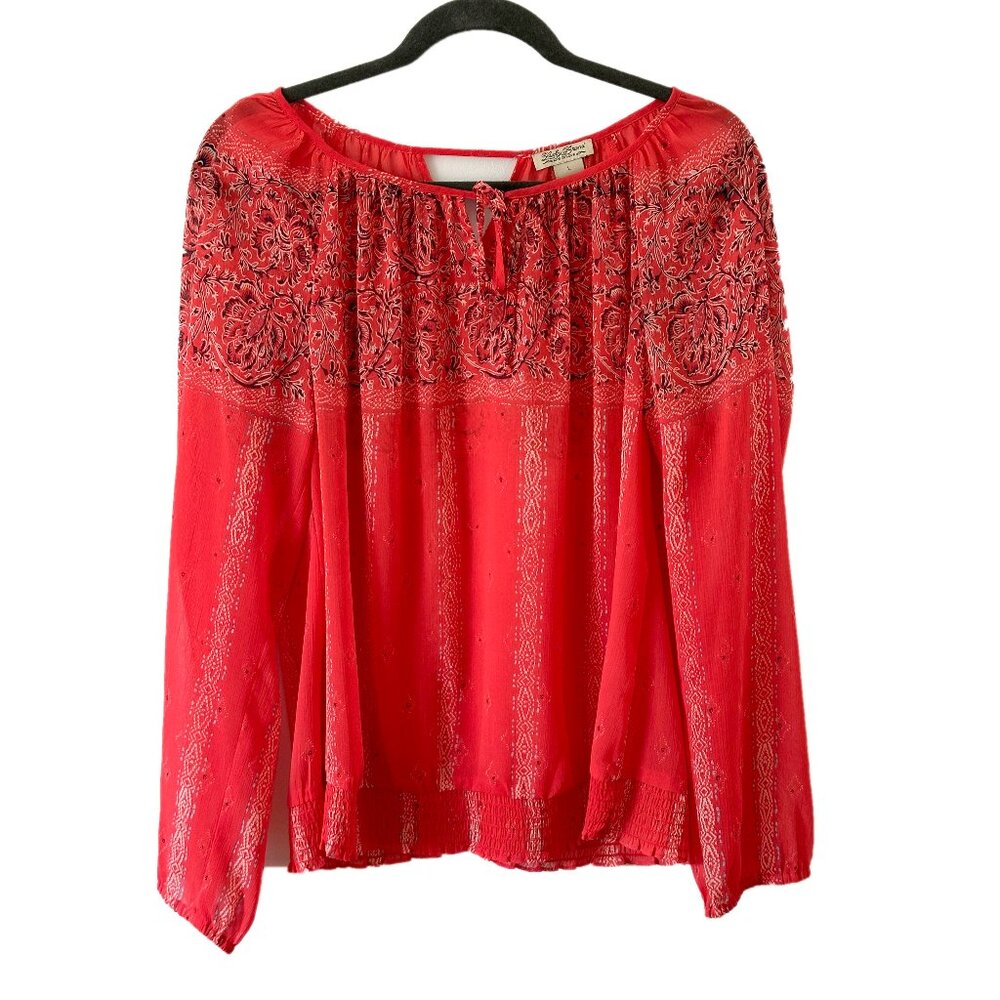 Lucky Brand Blouse Women Size MEDIUM Long Sleeve Red Top